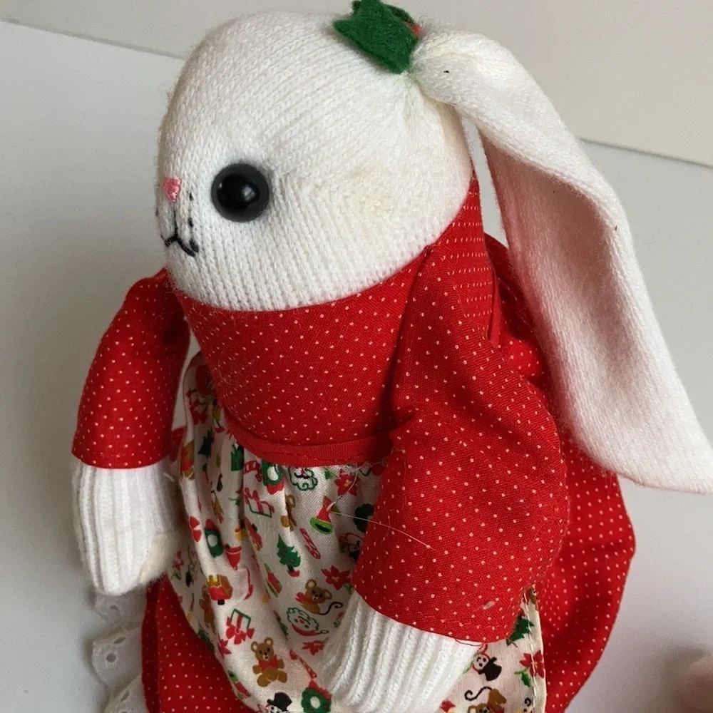 Vintage 80s Christmas sock bunny and baby red dress and Christmas print apron